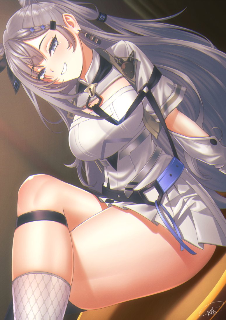 1girl, belt, blue_eyes, breasts, cipher4109, crossed_legs, detached_sleeves, dress, dutch_angle, grey_hair, grin, hololive, hololive_indonesia, knee_strap, large_breasts, lock_necklace, long_hair, looking_at_viewer, on_table, short_dress, signature, sitting, smile, solo, table, thick_thighs, thighs, very_long_hair, vestia_zeta, vestia_zeta_(1st_costume), virtual_youtuber