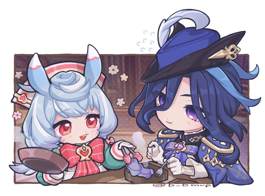 2girls, :d, :t, animal_ears, apron, aqua_dress, artist_name, b_bmvp