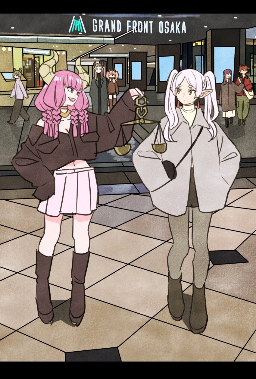 3boys, 4girls, :d, arm_up, aura_(sousou_no_frieren), bag, balance_scale, black_bag, blue_eyes, boots, braid, brown_coat, brown_footwear, brown_horns, brown_shirt, brown_thighhighs, closed_eyes, coat, cropped_shirt, demon_girl, demon_horns, draht_(sousou_no_frieren), earrings, elf, expressionless, fern_(sousou_no_frieren), floating_earrings, frieren, green_eyes, green_hair, green_pants, grey_jacket, grey_pantyhose, hand_on_own_hip, hands_in_pockets, highres, holding_scale, horns, jacket, jewelry, letterboxed, linie_(sousou_no_frieren), long_hair, long_sleeves, looking_at_another, looking_to_the_side, lugner_(sousou_no_frieren), mall, midriff, multiple_boys, multiple_braids, multiple_girls, navel, necklace, off_shoulder, open_mouth, pants, pantyhose, parted_bangs, pink_hair, pleated_skirt, pointy_ears, purple_hair, red_hair, red_jacket, shirt, short_eyebrows, short_hair, shoulder_bag, sidelocks, skirt, sleeves_past_wrists, smile, sousou_no_frieren, standing, stark_(sousou_no_frieren), takeuchi_ryousuke, thick_eyebrows, thighhighs, tile_floor, tiles, turtleneck, twintails, walking, weighing_scale, white_bag, white_hair, white_skirt, yellow_horns