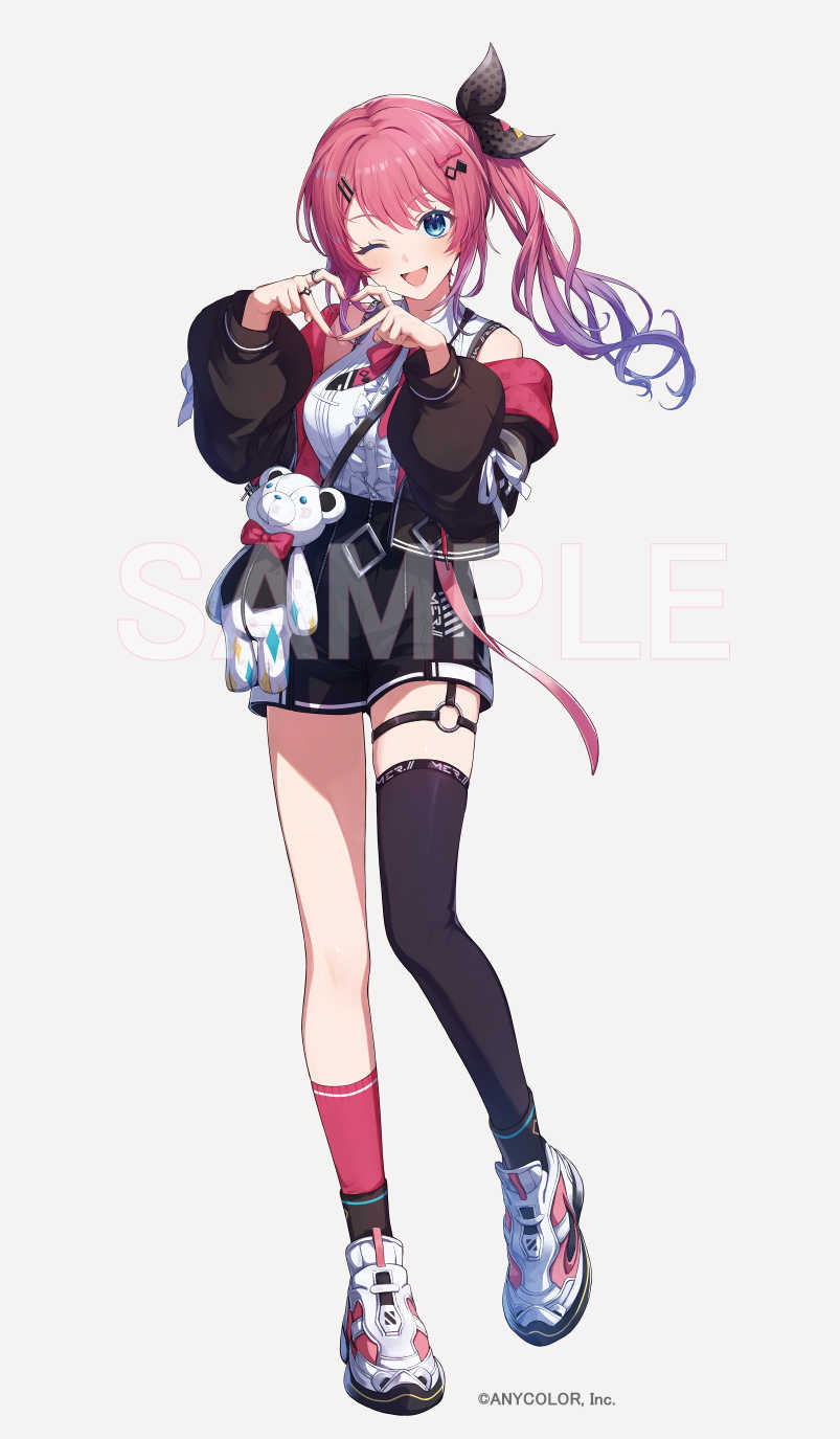 1girl, aoiro_oto, asymmetrical_legwear, bare_shoulders, black_jacket, black_ribbon, black_shorts, blue_eyes, blush, bow, bowtie, breasts, collared_shirt, commentary_request, floating_hair, frilled_shirt, frills, full_body, gradient_hair, grey_background, hair_between_eyes, hair_ribbon, heart, heart_hands, highres, jacket, jewelry, kuramochi_meruto, kuramochi_meruto_(1st_costume), large_breasts, long_hair, long_sleeves, looking_at_viewer, lune_(kuramochi_meruto), multicolored_hair, multiple_rings, nail_polish, nijisanji, off_shoulder, official_art, one_eye_closed, open_clothes, open_jacket, open_mouth, pink_bow, pink_bowtie, pink_hair, pink_nails, pink_socks, puffy_sleeves, purple_hair, rene_(kuramochi_meruto), ribbon, ring, sample_watermark, shirt, shorts, side_ponytail, sidelocks, simple_background, single_sock, single_thighhigh, skindentation, sleeveless, sleeveless_shirt, smile, socks, solo, thigh_strap, thighhighs, virtual_youtuber, watermark, white_footwear, white_shirt