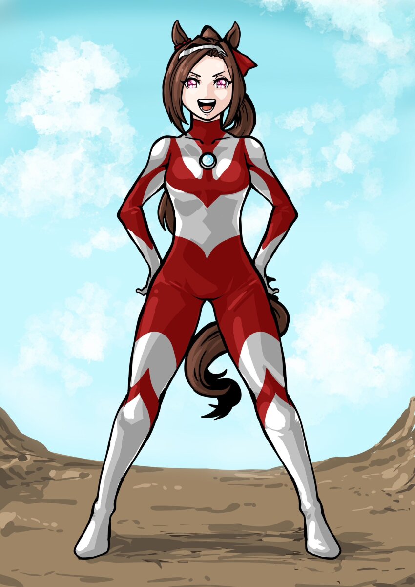 1girl, animal_ears, bodysuit, breasts, brown_hair, cosplay, full_body, hairband