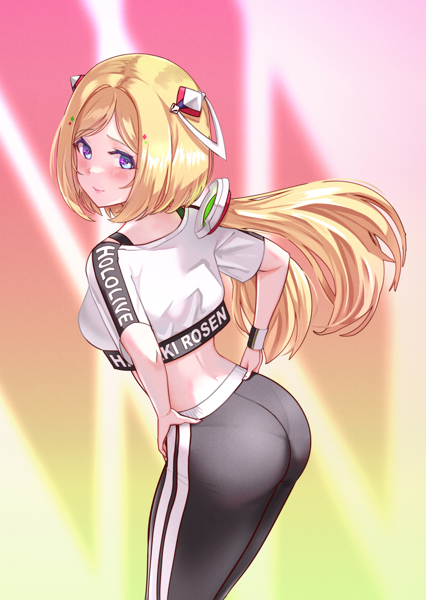 1girl, absurdres, aki_rosenthal, ar-khey, ass, black_pants, blonde_hair, blush, breasts, crop_top, crop_top_overhang, detached_hair, highres, hololive, hololive_dance_practice_uniform, large_breasts, long_hair, looking_at_viewer, official_alternate_costume, pants, purple_eyes, shirt, sideboob, smile, solo, twintails, virtual_youtuber, white_shirt, yoga_pants