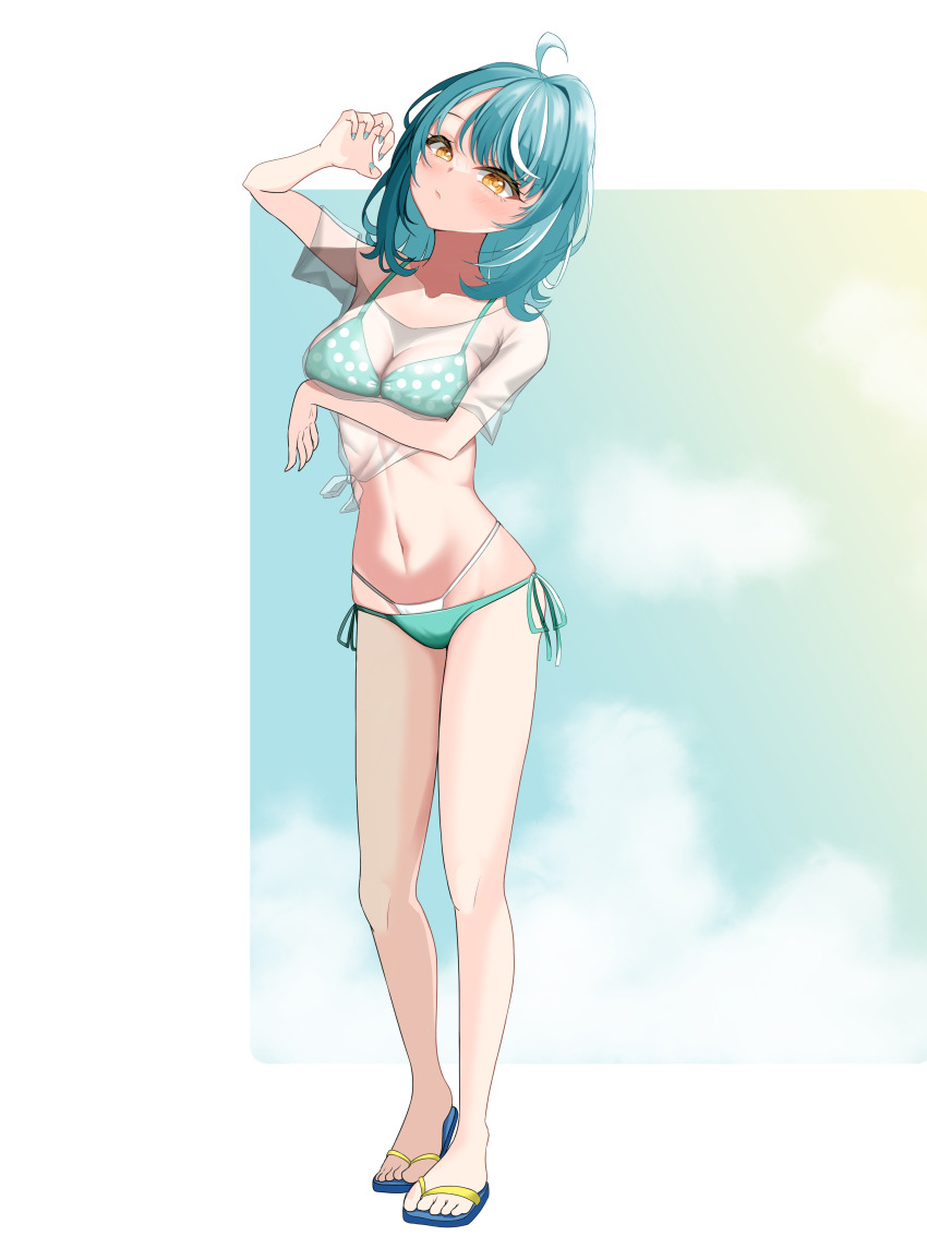 1girl, absurdres, arm_under_breasts, bikini, blue_eyes, blue_hair, blue_nails, breasts, flip-flops, full_body, green_bikini, head_tilt, highleg, highleg_bikini, highres, kureto0130, layered_bikini, looking_at_viewer, medium_breasts, medium_hair, multicolored_hair, nail_polish, navel, polka_dot, polka_dot_bikini, sandals, see-through_clothes, shiranami_ramune, shiranami_ramune_(summer_c102), shirt, short_sleeves, side-tie_bikini_bottom, slippers, solo, standing, stomach, streaked_hair, string_bikini, swimsuit, tied_shirt, virtual_youtuber, vspo!, white_bikini, yellow_eyes