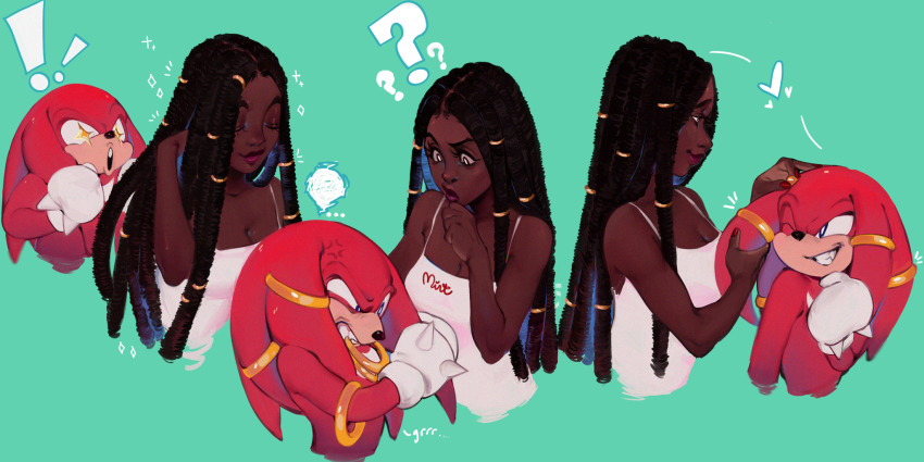 !, 1boy, 1girl, ?, black_hair, dark-skinned_female, dark_skin, dreadlocks