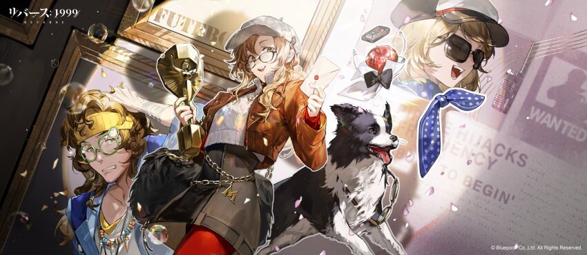 1boy, 1other, 2girls, apple, apple_(reverse:1999), artist_request, bag, bokyo