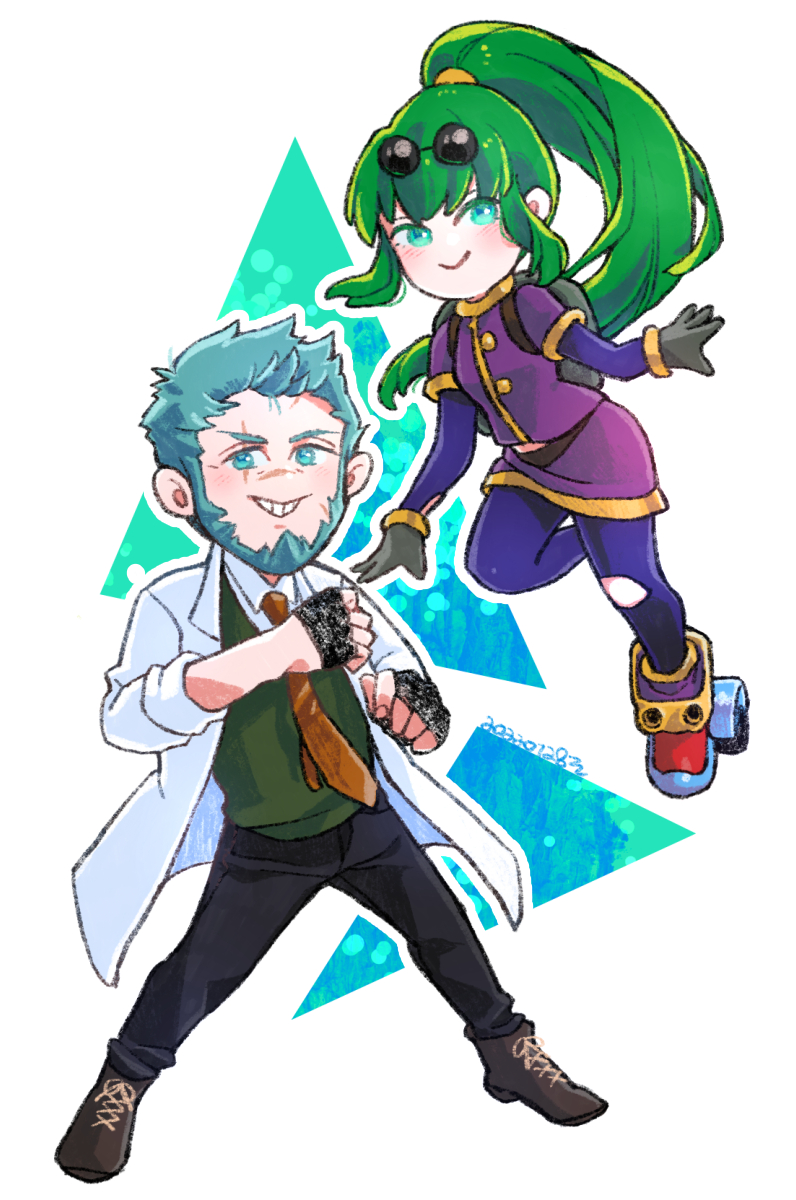 1boy, 1girl, anne_petriceani, beard, blue_eyes, blue_hair, bowman_jean, closed_mouth