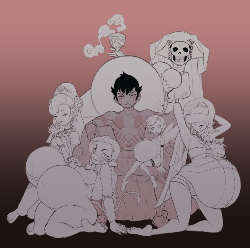 1boy, 5girls, angel_(megami_tensei), big_belly, blindfold, body_markings, breasts, closed_eyes