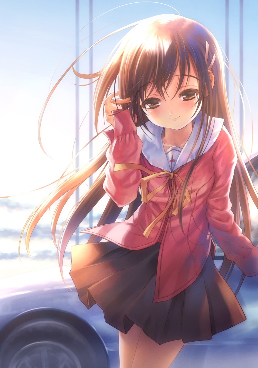 1girl, absurdres, adjusting_hair, blush, brown_eyes, brown_hair, car, collarbone