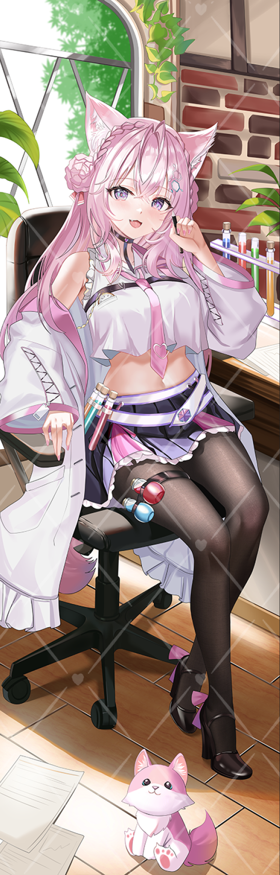 1girl, :3, animal_ear_fluff, animal_ears, ankle_bow, ankle_ribbon, antenna_hair, armpit_crease