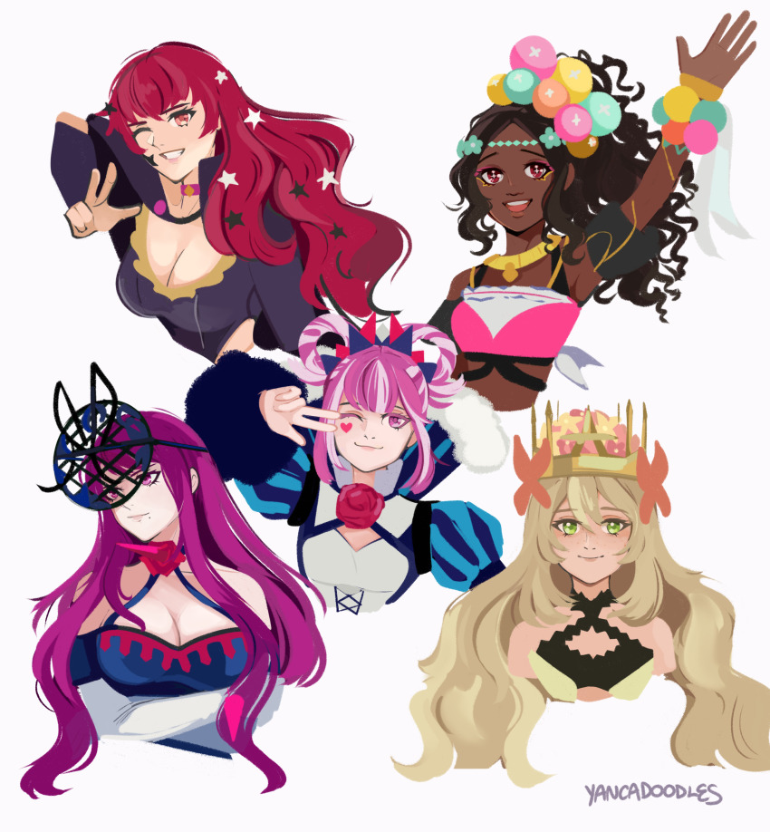 5girls, absurdres, artist_name, beads, blonde_hair, bodysuit, bow, breasts, brooch, butterfly_hair_ornament, celine_(fire_emblem), choker, cleavage, clothing_cutout, commentary, crop_top, cross-laced_clothes, cross-laced_dress, dark-skinned_female, dark_skin, dress, dress_bow, english_commentary, eyeliner, eyeshadow, facial_mark, fascinator, female_focus, fire_emblem, fire_emblem_engage, flower, flower_brooch, gem, green_eyes, hair_beads, hair_ornament, hair_rings, heart, heart_facial_mark, highres, hortensia_(fire_emblem), ivy_(fire_emblem), large_breasts, makeup, matching_hair/eyes, medium_breasts, mole, mole_under_mouth, multiple_girls, nintendo, one_eye_closed, orange_bow, orange_gem, pink_choker, pink_eyeliner, pink_eyeshadow, pink_hair, purple_bodysuit, purple_eyes, purple_hair, red_eyes, red_hair, rose, see-through_clothes, see-through_headwear, siblings, side_cutout, sisters, small_breasts, star_(symbol), star_facial_mark, star_hair_ornament, striped_clothes, striped_dress, symbol-shaped_pupils, thorn_print, timerra_(fire_emblem), vertical-striped_clothes, vertical-striped_dress, very_dark_skin, wink, yancadoodles, yunaka_(fire_emblem)