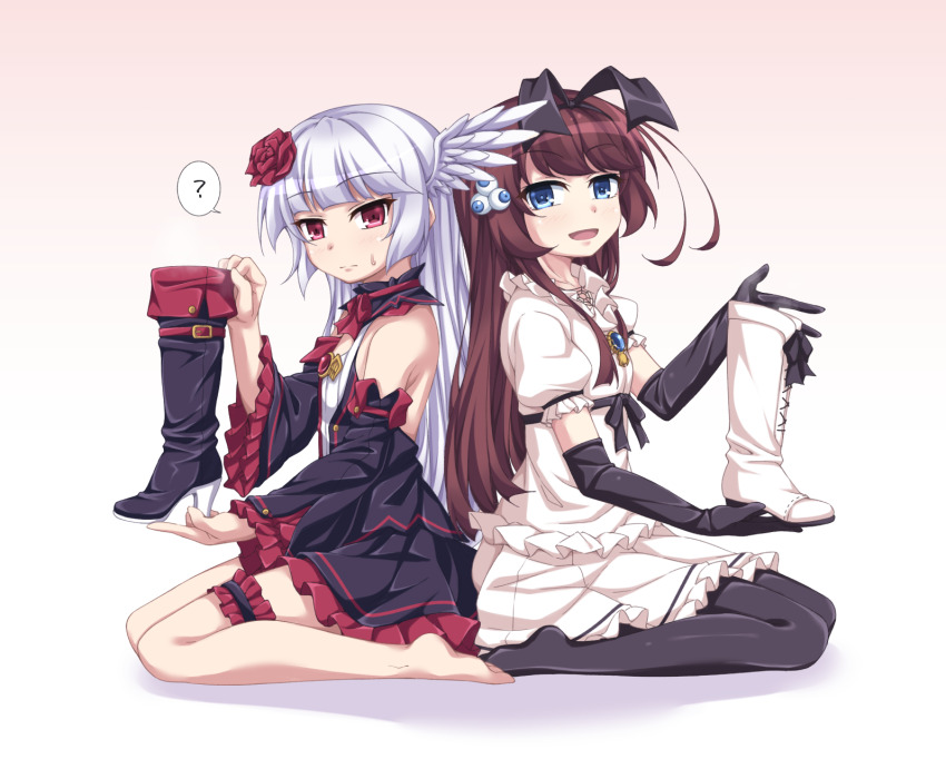 2girls, :d, ?, back-to-back, barefoot, black_dress, black_gloves, black_hairband