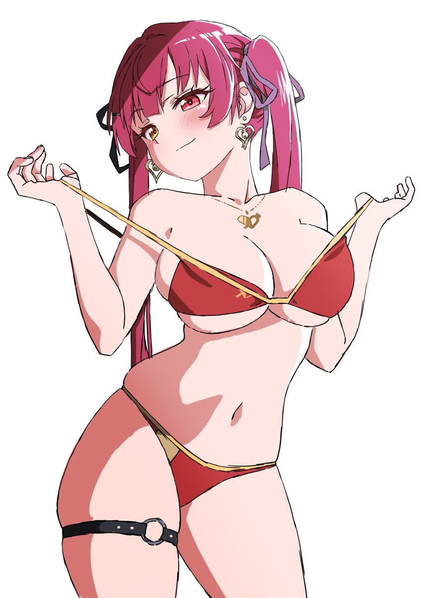 1girl, absurdres, bikini, breasts, cleavage, closed_mouth, collarbone, earrings, hair_ribbon, heart, heart_earrings, heart_necklace, heterochromia, highres, hololive, houshou_marine, houshou_marine_(summer), jewelry, large_breasts, long_hair, looking_to_the_side, mugi0913, navel, necklace, off_shoulder, purple_ribbon, red_bikini, red_eyes, ribbon, simple_background, smile, solo, stomach, strap_pull, swimsuit, thighs, twintails, virtual_youtuber, white_background, yellow_eyes