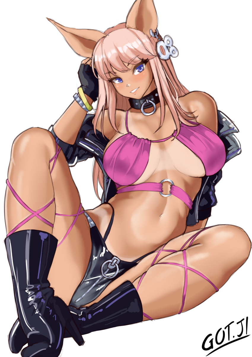 1girl, absurdres, animal_ears, black_boots, black_collar, black_gloves, black_jacket, blue_eyes