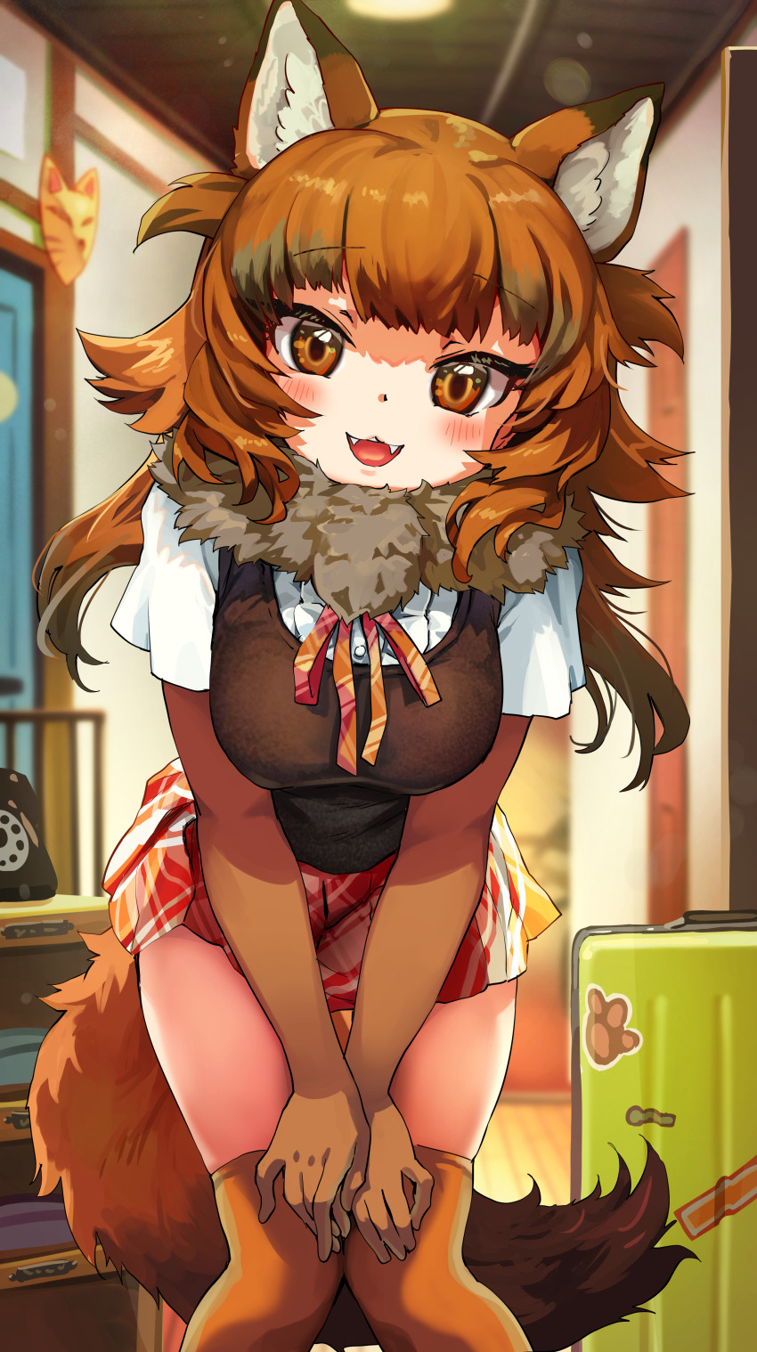 1girl, absurdres, animal_ears, blurry, blurry_background, blush, breasts, brown_eyes, brown_hair, buttons, center_frills, dhole_(kemono_friends), dhole_(old_design)_(kemono_friends), dog_ears, dog_girl, dog_tail, elbow_gloves, fangs, feet_out_of_frame, frills, fur_collar, gloves, grey_hair, hands_on_own_knees, highres, indoors, kemono_friends, leaning_forward, long_hair, looking_at_viewer, medium_breasts, melaton, miniskirt, multicolored_hair, neck_ribbon, open_mouth, over-kneehighs, plaid_clothes, plaid_skirt, ribbon, shirt, short_sleeves, skirt, smile, solo, standing, sweater_vest, tail, taut_clothes, thighhighs, white_shirt