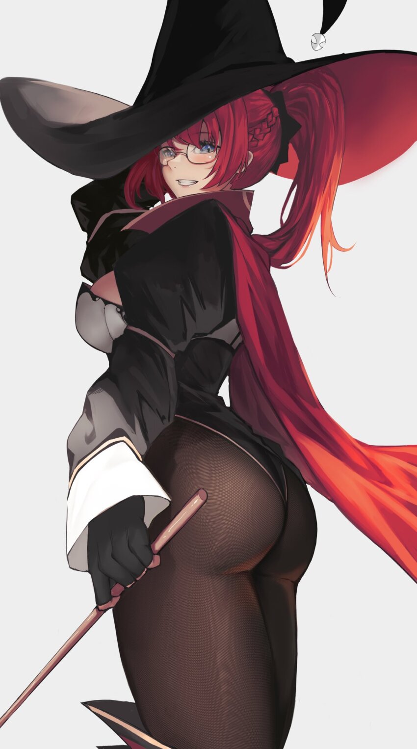1girl, ass, black_gloves, blue_eyes, breasts, brown_pantyhose, commentary, cowboy_shot, elly_(artist), english_commentary, fine_fabric_emphasis, fingerless_gloves, from_below, glasses, gloves, grey_background, hat, highres, long_hair, long_sleeves, looking_at_viewer, medium_breasts, original, pantyhose, red_hair, simple_background, smile, solo, witch_hat