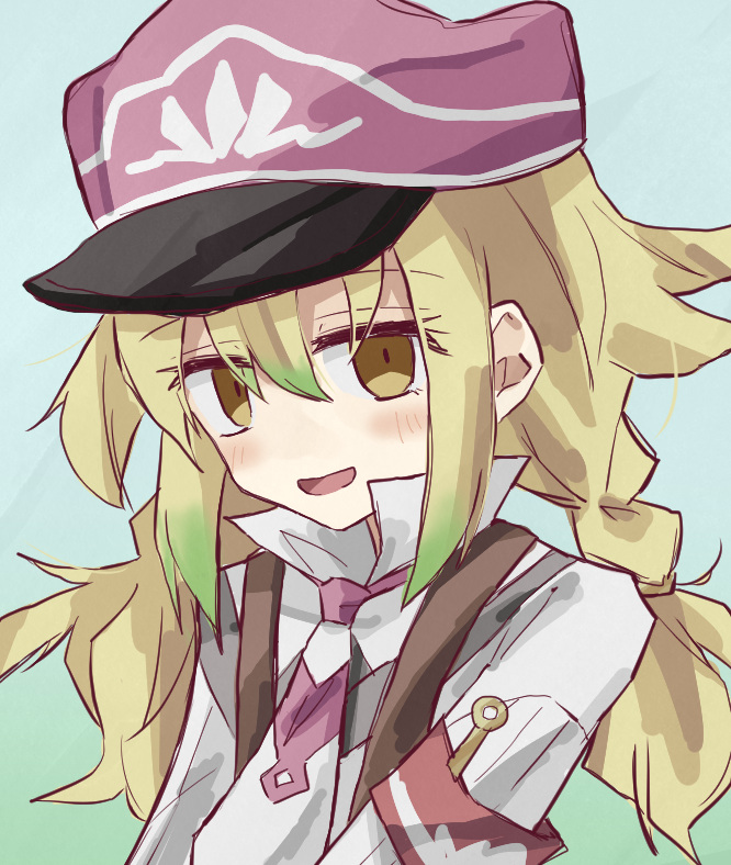 1girl, armband, blonde_hair, blue_background, blush_stickers, braid, newsboy_cap, character_request