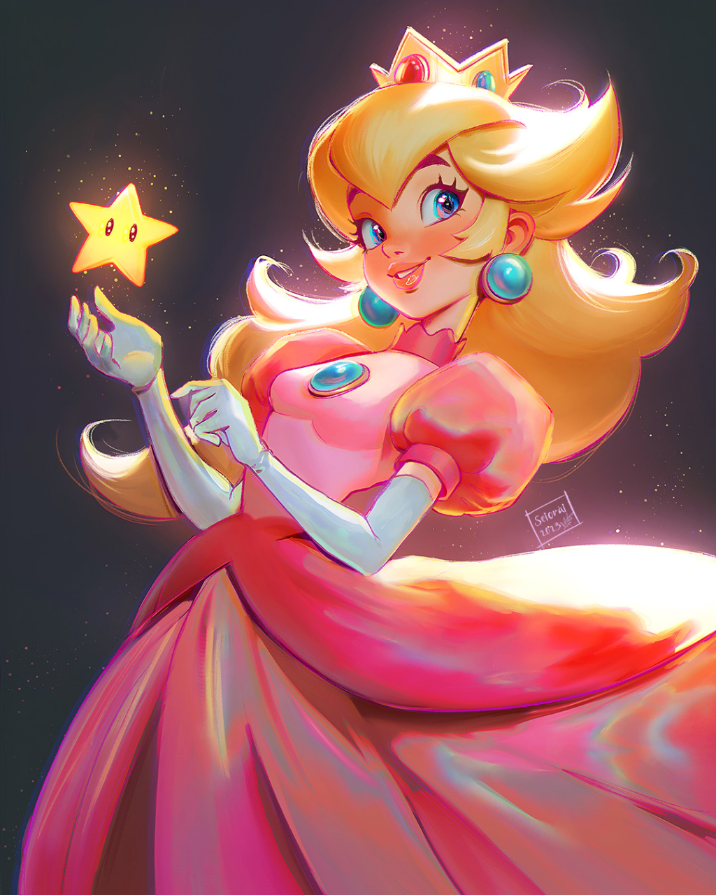 1girl, blonde_hair, blue_eyes, breasts, brooch, cropped_legs, crown, dress, earrings, elbow_gloves, from_side, gloves, highres, jewelry, light_particles, long_hair, mario_(series), nintendo, parted_lips, pink_dress, princess_peach, puffy_sleeves, seiorai, shine, simple_background, small_breasts, smile, solo, super_mario_bros._1, super_star_(mario), white_gloves