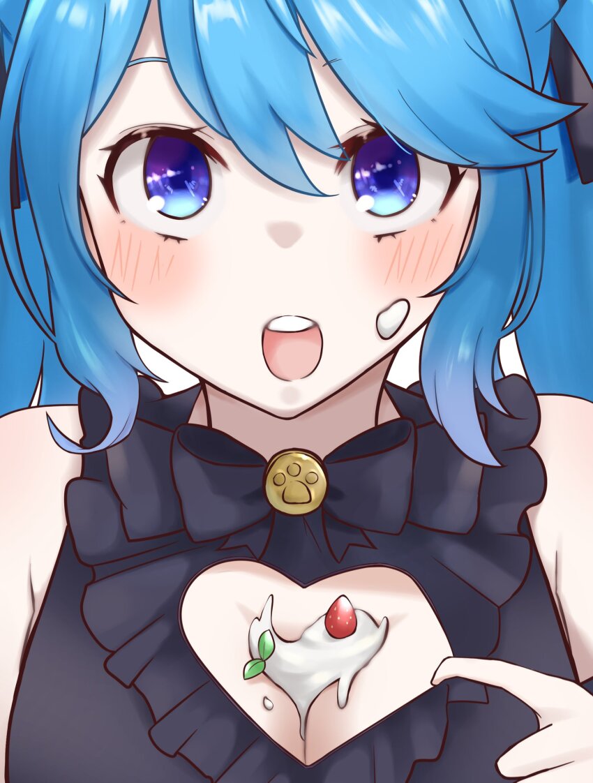 1girl, between_breasts, black_bow, black_bowtie, black_dress, blue_eyes, blue_hair, blush