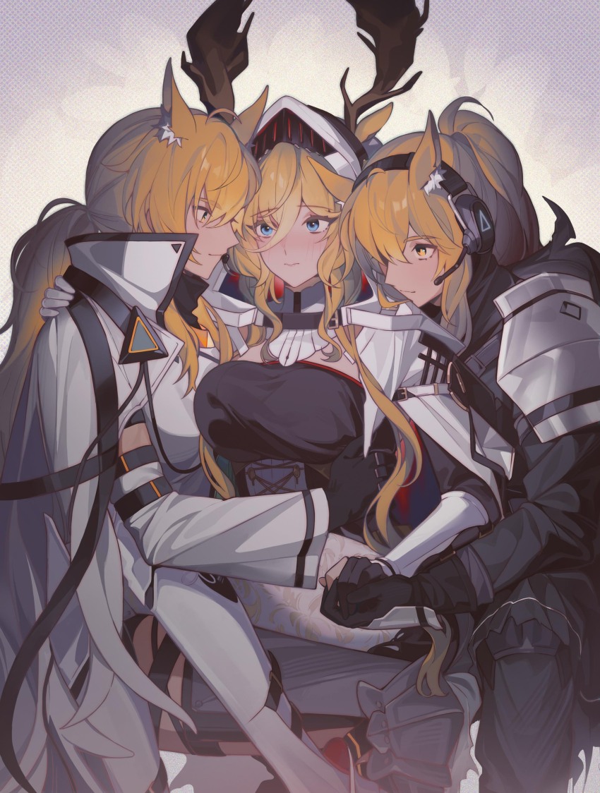 3girls, absurdres, animal_ears, antlers, horns_through_headwear, horns_through_hood, arknights, armor