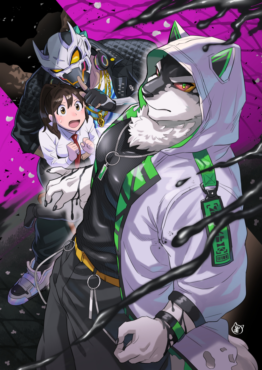 1girl, 2boys, animal_ears, bara, black_claws, black_jacket, black_pants, black_shirt, claws, clenched_hands, commentary_request, danzo_(live_a_hero), female_protagonist_(live_a_hero), finger_to_mouth, fingerless_gloves, furry, furry_male, furry_with_non-furry, gloves, headphones, headphones_around_neck, highres, hood, hoodie, interspecies, jacket, jewelry, live_a_hero, looking_at_another, looking_at_viewer, monomasa_(live_a_hero), multiple_boys, necklace, necktie, pants, red_necktie, shirt, slime_(creature), sumi_wo_hakuneko, sweatdrop, tail, treble_clef, white_hoodie, white_shirt, wolf_boy, wolf_ears, wolf_tail