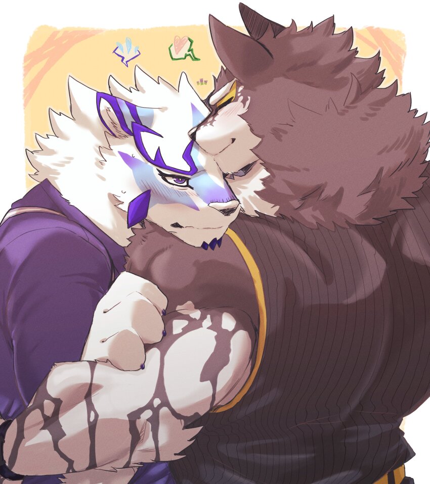 2boys, absurdres, animal_ears, bara, belt, black_shirt, blue_shirt, blush
