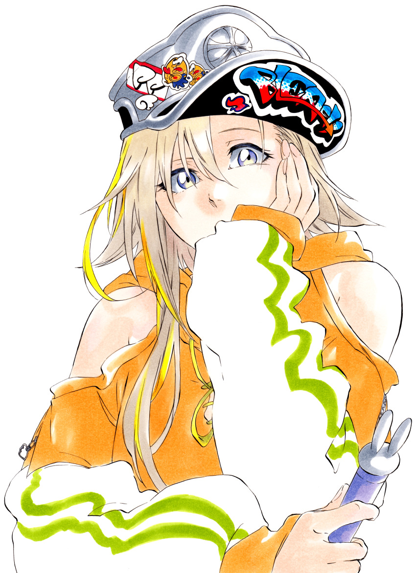 1girl, absurdres, bare_shoulders, bleach, blonde_hair, clothing_cutout, copyright_name, covered_mouth