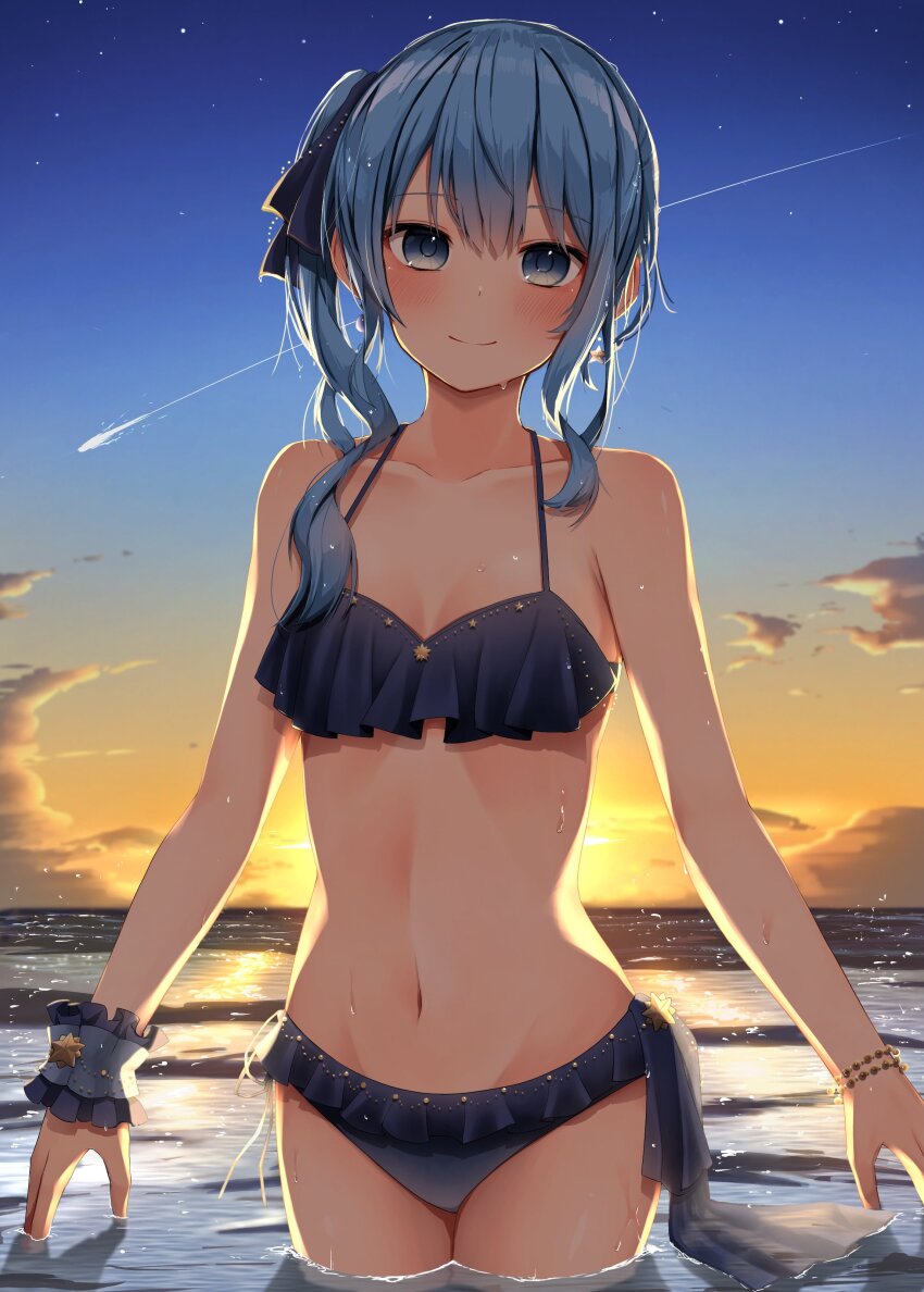 1girl, absurdres, bare_arms, bare_shoulders, bikini, blue_bikini, blue_eyes, blue_hair