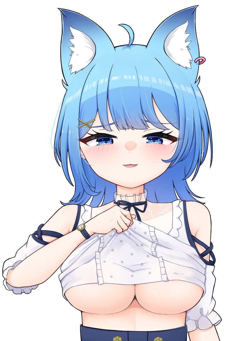 1girl, ahoge, animal_ear_fluff, animal_ear_piercing, animal_ears, black_ribbon, blue_eyes, blue_hair, blush, breasts, clothes_lift, clothing_cutout, commentary_request, dog_ears, dog_girl, earrings, frilled_shirt, frills, jewelry, k_(ve_do_9k), large_breasts, lifting_own_clothes, looking_at_viewer, medium_hair, nanashi_inc., neck_ribbon, official_alternate_costume, open_mouth, ribbon, shirt, shirt_lift, short_sleeves, shoulder_cutout, simple_background, single_earring, smile, solo, souya_ichika, souya_ichika_(5th_costume), underboob, upper_body, virtual_youtuber, watch, white_background, white_shirt, wristwatch