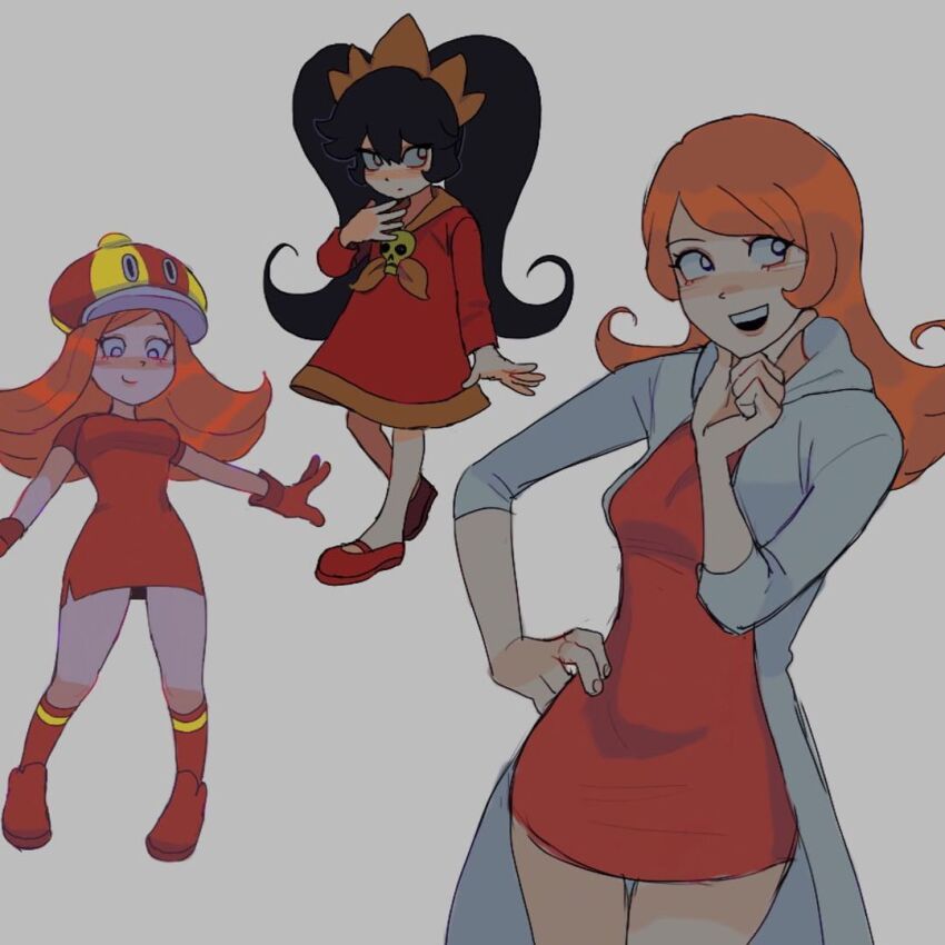 2girls, ashley_(warioware), black_hair, blue_eyes, breasts, coat, dress, gloves