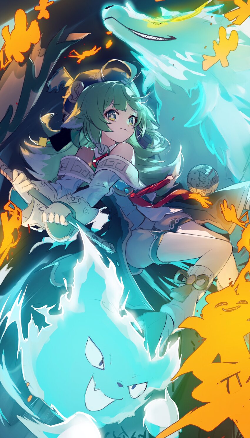 1girl, absurdres, ahoge, blue_fire, chinese_clothes, fiery_tail, fire, flag