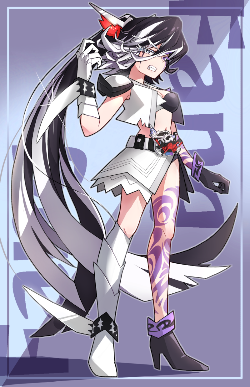 1girl, angry, asymmetrical_footwear, asymmetrical_gloves, belt, black_footwear, black_gloves, black_hair