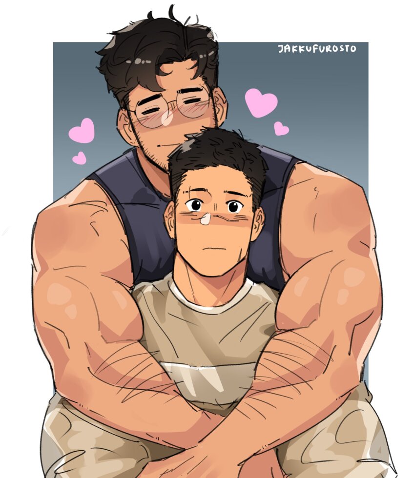 2boys, :t, =_=, arm_hair, bara, beard_stubble, couple, facial_hair