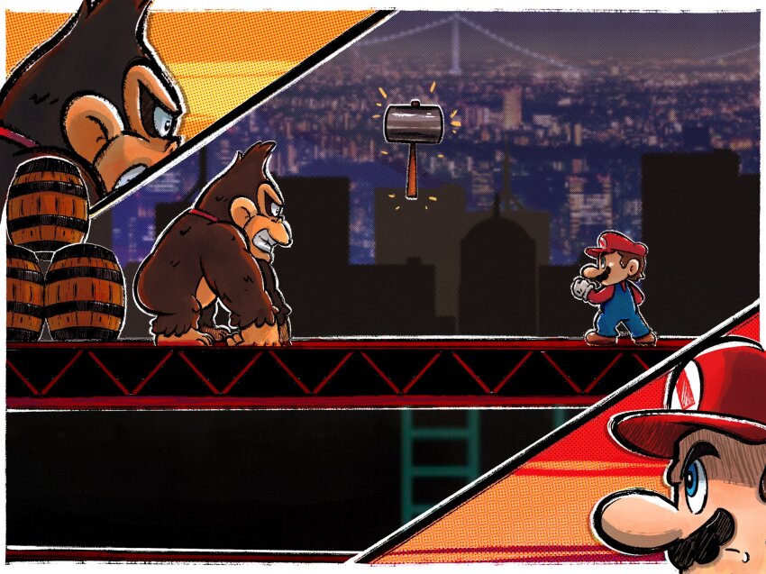 2boys, ape, barrel, large_nose, black_eyes, blue_eyes, blue_overalls, border