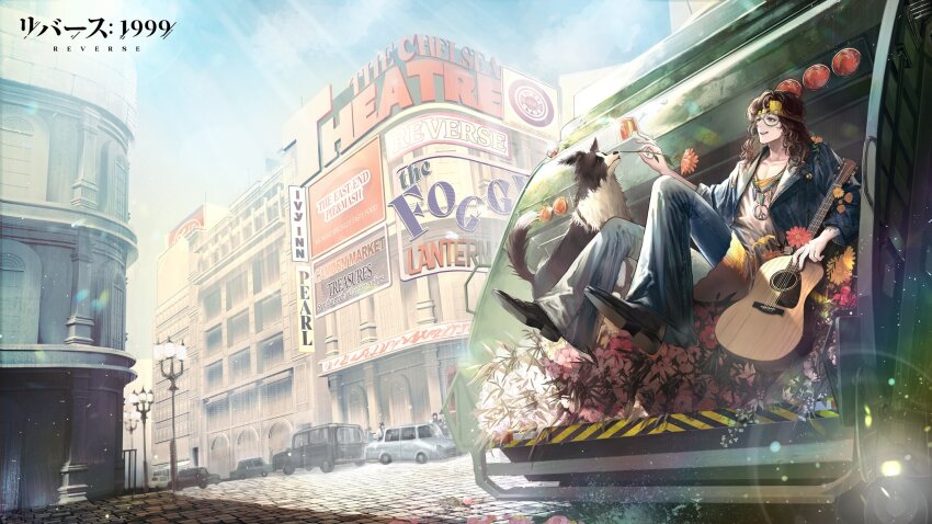 1boy, :d, bead_necklace, beads, bell-bottoms, billboard, black_footwear, blue_jacket