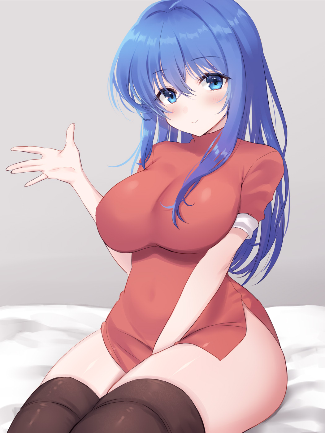 1girl, arm_between_legs, awayuki_ramika, bed, bed_sheet, black_thighhighs, blue_eyes, blue_hair