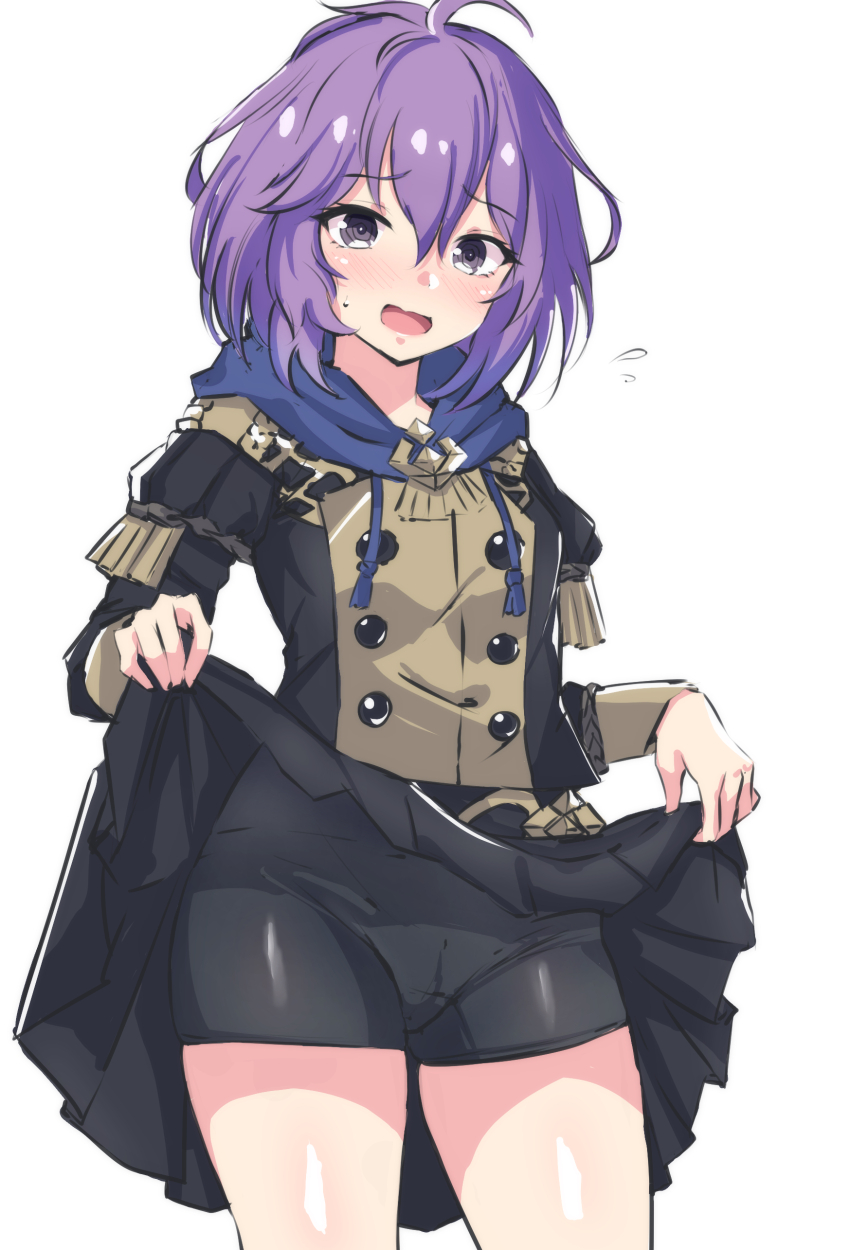 1girl, absurdres, ahoge, bernadetta_von_varley, bike_shorts, black_skirt, blush, clothes_lift