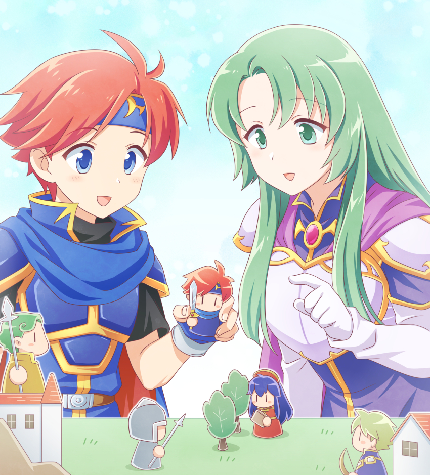 1boy, 1girl, armor, blue_armor, blue_eyes, blue_headband, bors_(fire_emblem), cecilia_(fire_emblem), doll, figure, fire_emblem, fire_emblem:_the_binding_blade, green_eyes, green_hair, ham_pon, headband, highres, holding, lilina_(fire_emblem), long_hair, nintendo, orange_hair, pointing, roy_(fire_emblem), tree, wolt_(fire_emblem)
