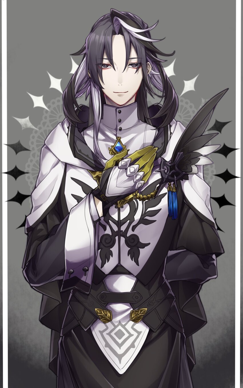 1boy, arm_behind_back, asymmetrical_sidelocks, belt, black_belt, black_cape, black_eyes, black_feathers