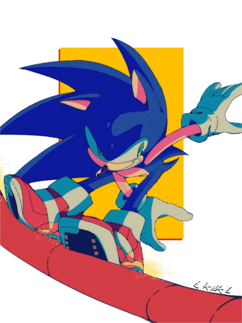 1boy, aurax118, full_body, furry, furry_male, gloves, green_eyes, highres, male_focus, quill, shoes, smile, soap_shoes, sonic_(series), sonic_adventure_2, sonic_the_hedgehog, tail, white_gloves