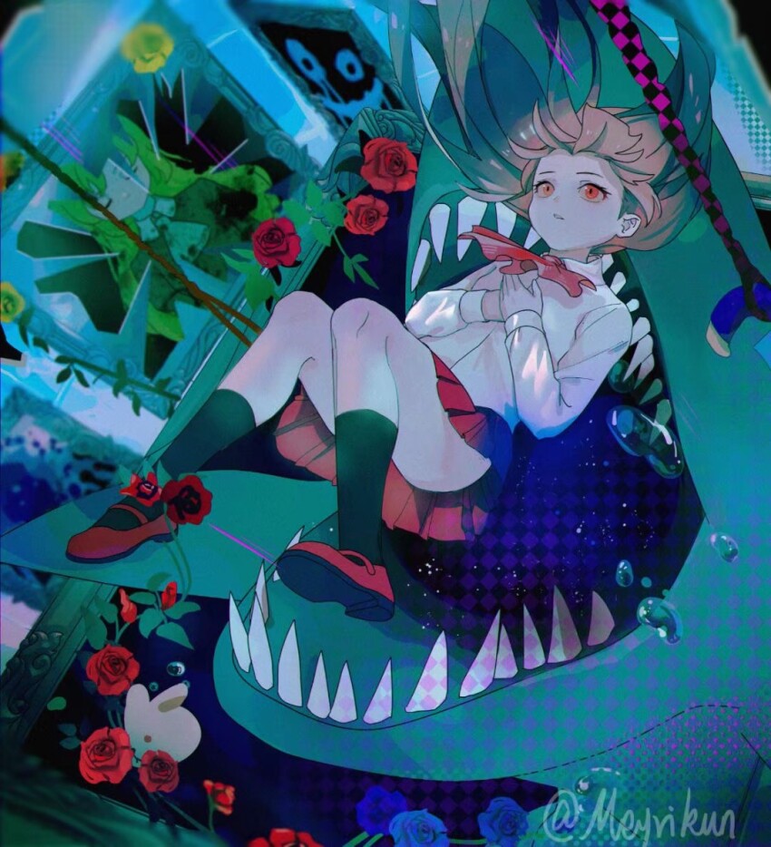 2girls, ascot, black_socks, blonde_hair, blue_flower, blue_rose, broken, bubble