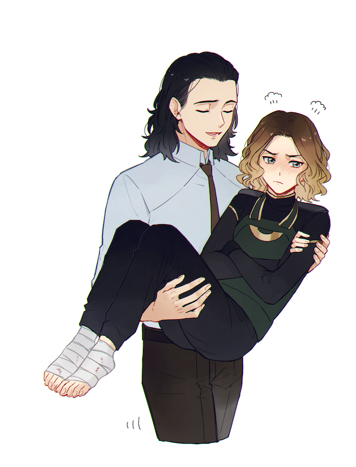 1boy, 1girl, animification, aqua_eyes, bandaged_foot, bandages, belt, black_hair