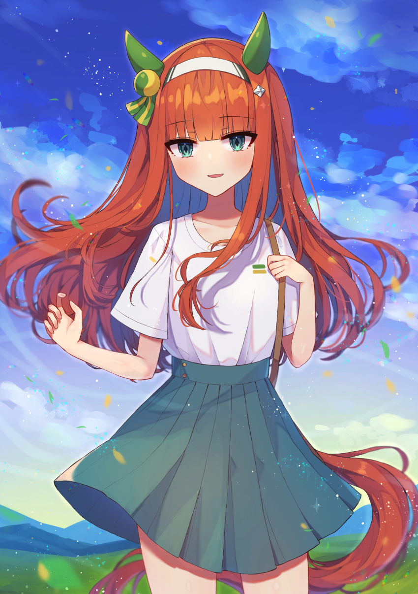 1girl, absurdres, akatanotaki, alternate_costume, animal_ears, blue_eyes, blunt_bangs, blush, breasts, casual, cloud, commentary, ear_covers, grass, hair_ornament, hairband, highres, hime_cut, horse_ears, horse_girl, horse_tail, looking_at_viewer, open_mouth, shirt, silence_suzuka_(umamusume), sky, small_breasts, solo, tail, umamusume, white_hairband