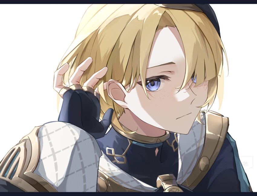 1boy, adjusting_hair, androgynous, black_gloves, black_headwear, blonde_hair, blue_eyes, closed_mouth, fingerless_gloves, freckles, freminet_(genshin_impact), genshin_impact, gloves, hair_over_one_eye, hand_up, highres, kottone_8, long_sleeves, looking_at_viewer, male_focus, partially_fingerless_gloves, portrait, short_hair, simple_background, solo, white_background
