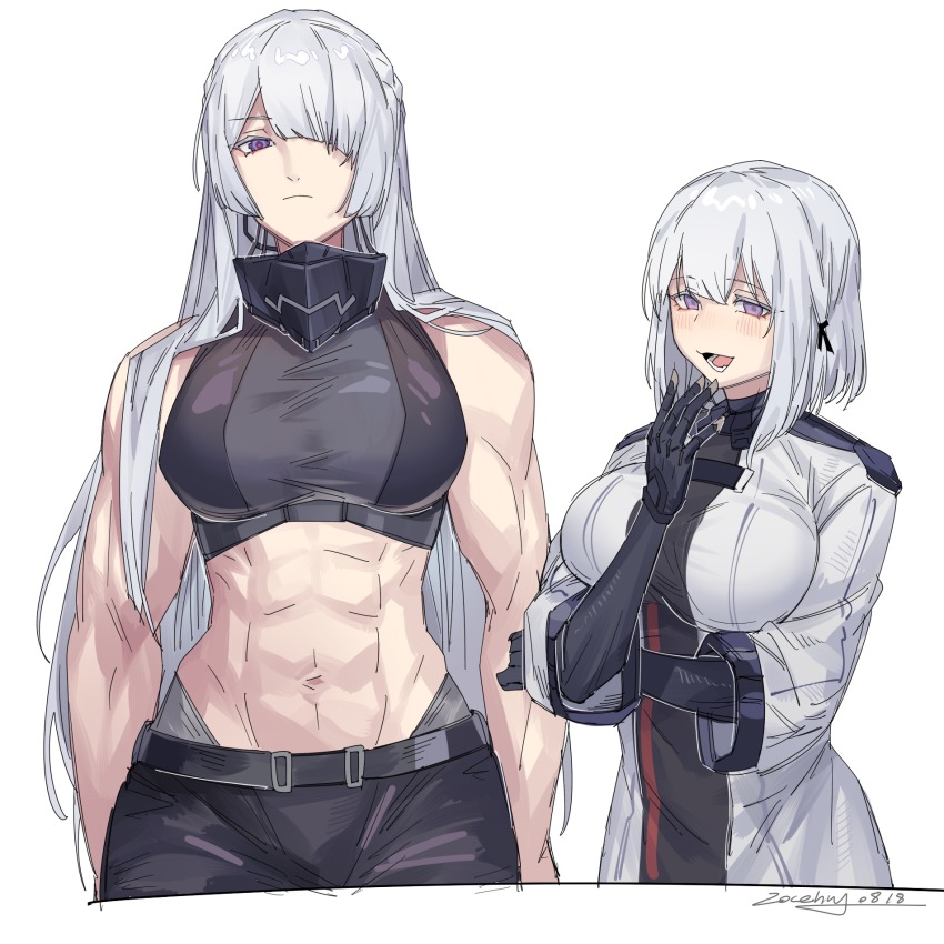 2girls, abs, ak-15_(girls'_frontline), asymmetrical_bangs, belt, biceps, black_gloves, black_shirt, blunt_ends, blush, breasts, center-flap_bangs, chinese_commentary, coat, commentary, crop_top, crossed_arms, dated, girls'_frontline, gloves, glowing, glowing_eyes, hair_over_one_eye, hand_up, highres, large_breasts, laughing, looking_at_viewer, lower_teeth_only, mask, medium_hair, multiple_girls, muscular, muscular_female, one_eye_covered, open_clothes, open_coat, open_mouth, rpk-16_(girls'_frontline), serious, shirt, signature, teeth, unworn_mask, upper_body, white_coat, white_hair, wide_sleeves, zocehuy