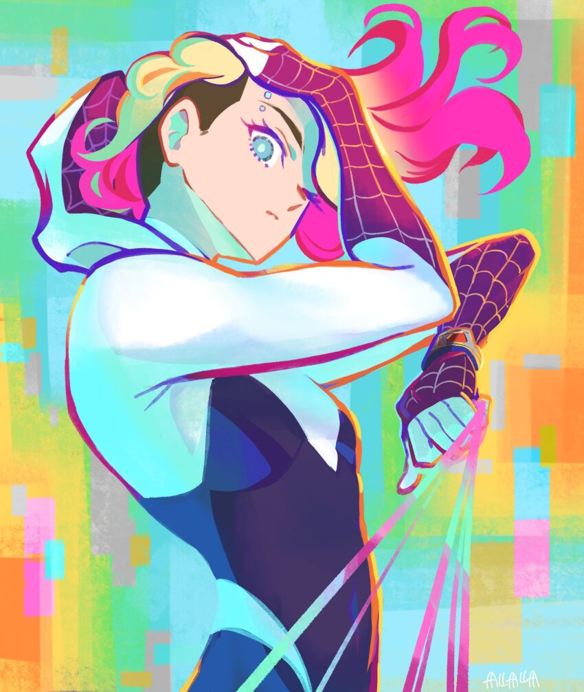 1girl, artist_name, black_bodysuit, blonde_hair, blue_background, blue_eyes, bodysuit, breasts