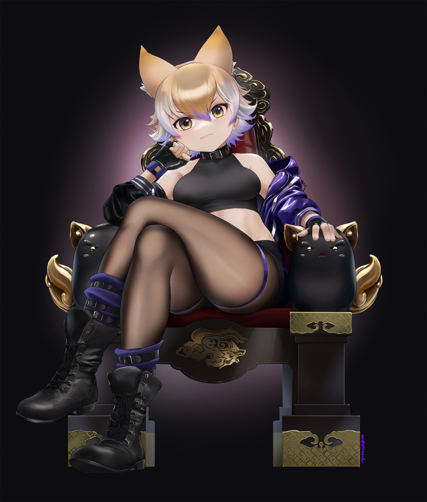 1girl, animal_ears, bare_shoulders, beleven, black_boots, black_collar, black_gloves, black_pantyhose