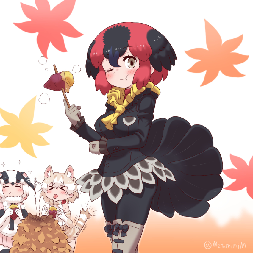 >_<, 3girls, :p, :t, animal_ears, animal_print, australian_brushturkey_(kemono_friends), baked_potato