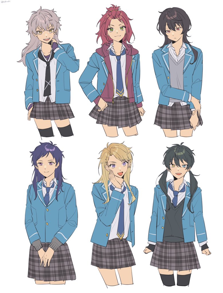 6+girls, bangs_pinned_back, black_hair, blazer, blonde_hair, blue_eyes, blue_jacket, blue_necktie