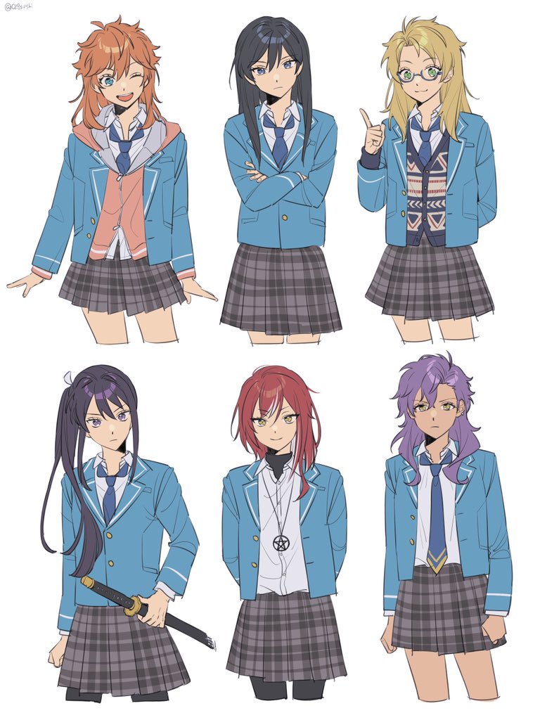 6+girls, akehoshi_subaru, black_hair, blazer, blonde_hair, blue_eyes, blue_jacket, blue_necktie, brown_skirt, chiba_(satochikasmart), collared_shirt, crossed_arms, dark-skinned_female, dark_skin, ensemble_stars!, genderswap, genderswap_(mtf), glasses, green_eyes, grey_background, hidaka_hokuto, holding, holding_sword, holding_weapon, hood, hood_down, hoodie, jacket, kanzaki_souma, katana, long_hair, long_sleeves, looking_at_viewer, medium_hair, multicolored_hair, multiple_girls, necktie, one_eye_closed, orange_hair, otogari_adonis, plaid_clothes, plaid_skirt, ponytail, purple_hair, red_hair, red_hoodie, sakasaki_natsume, school_uniform, shirt, short_bangs, short_hair_with_long_locks, skirt, sword, weapon, white_hair, white_shirt, yellow_eyes, yumenosaki_school_uniform
