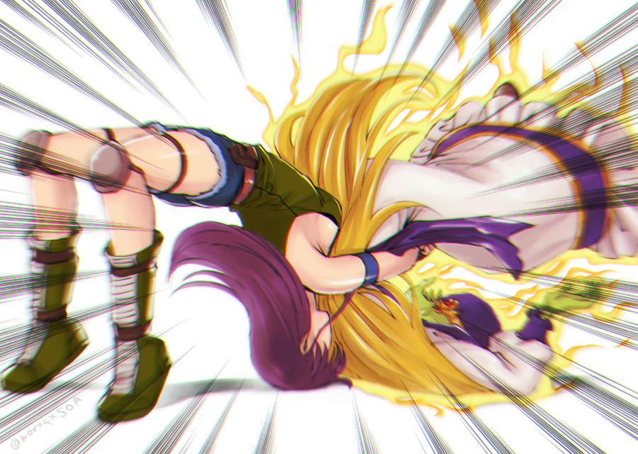 1boy, 1girl, ass, blonde_hair, breasts, colored_skin, creator_(saga), cutoffs